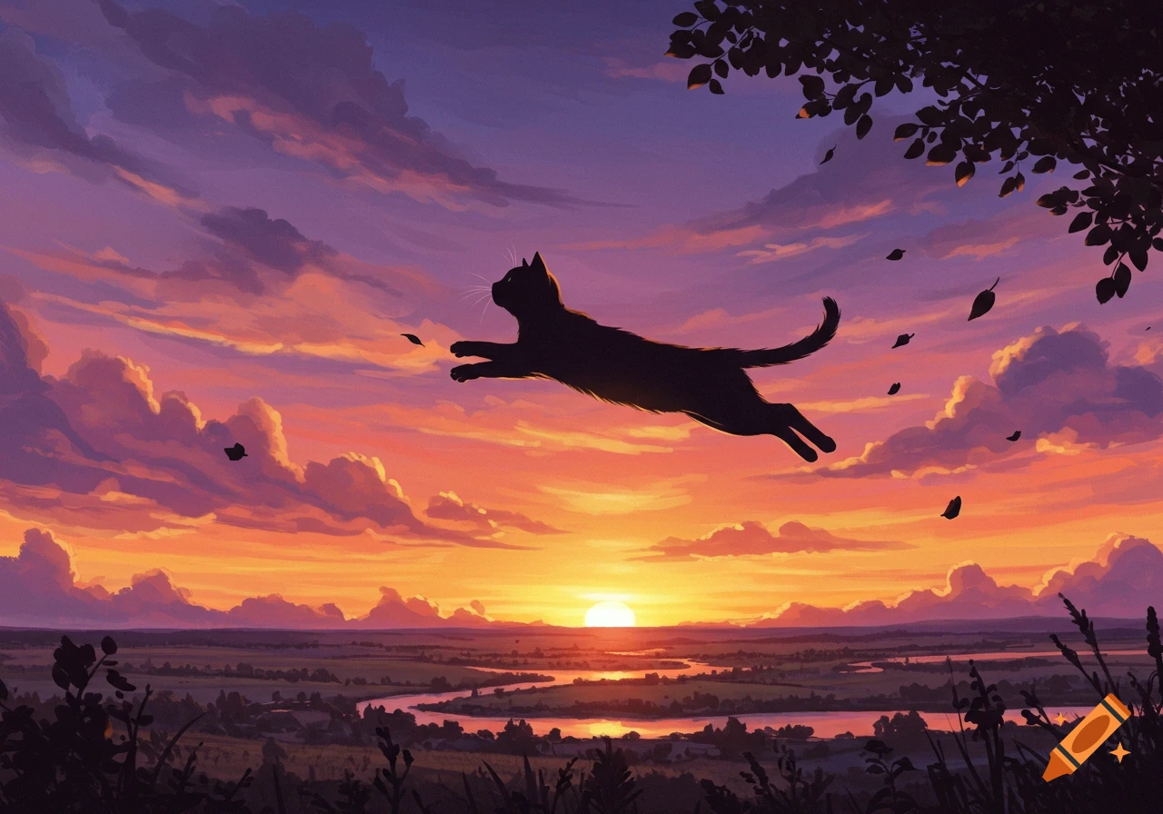 A black cat leaps across a vibrant orange and purple sunset sky over a peaceful landscape with a river, in a digital painting style.
