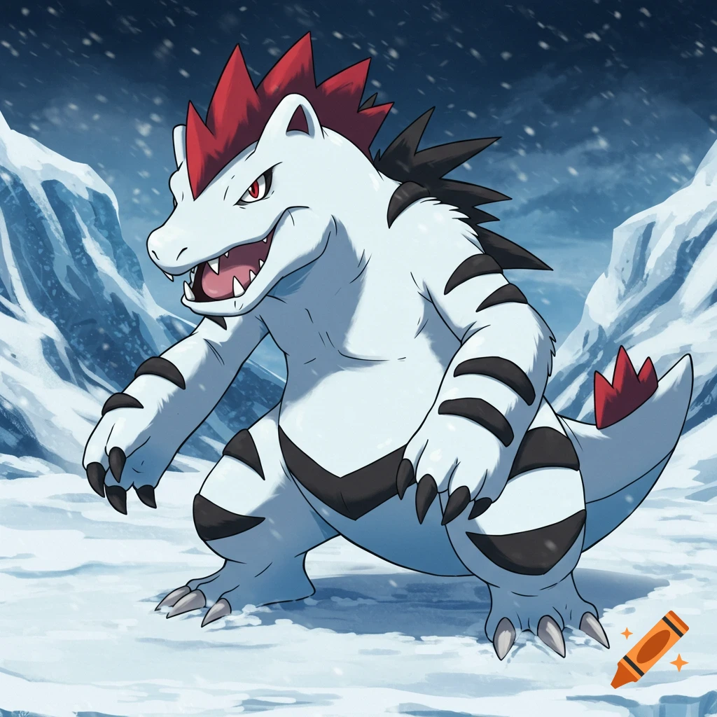 Anime-style white and black striped reptilian creature with red and black spikes, sharp claws, and jagged teeth, standing in a snowy landscape.