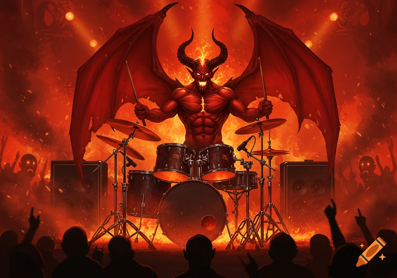 A muscular red demon with horns and large wings plays a drum kit on a fiery stage before a silhouetted crowd with rock-and-roll hands.