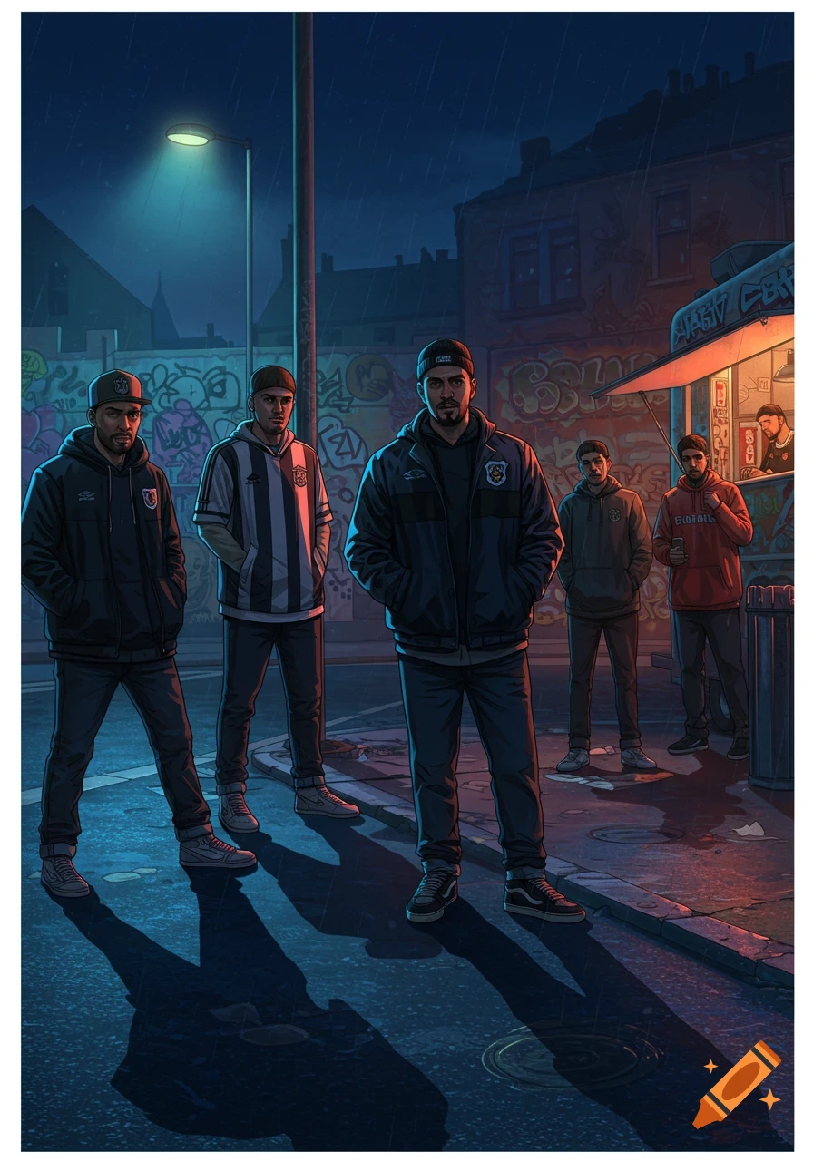 A group of men in hoodies and caps stand on a rainy urban street at night, with graffiti walls and a food stand in the background, in a stylized, illustrative art style.