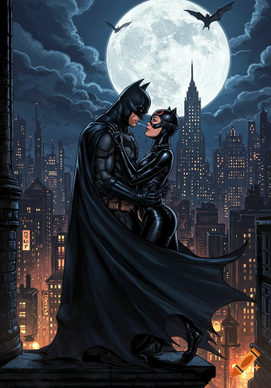 Batman and Catwoman embrace on a Gotham rooftop under a full moon, with city lights and bats, in a comic book style.