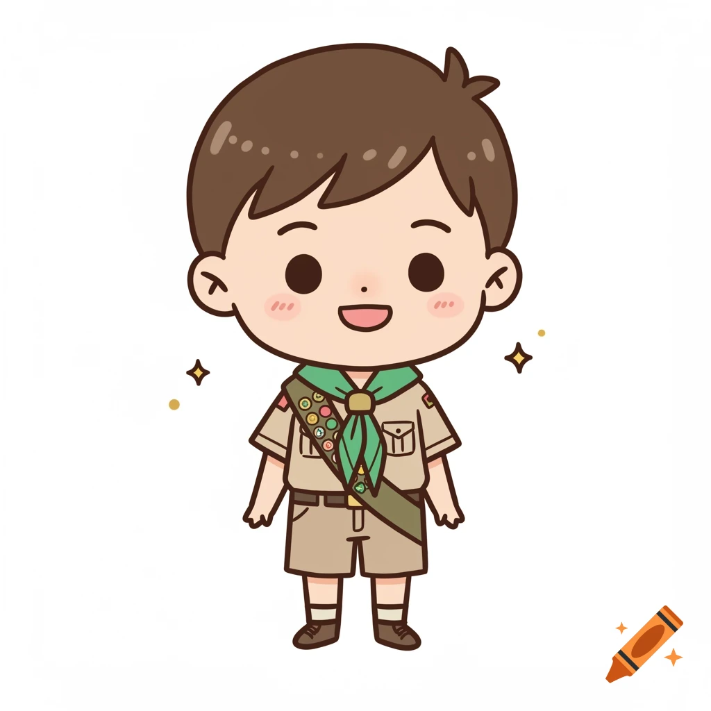 A cute chibi boy scout in uniform with a green neckerchief and badges, standing and smiling on a white background.