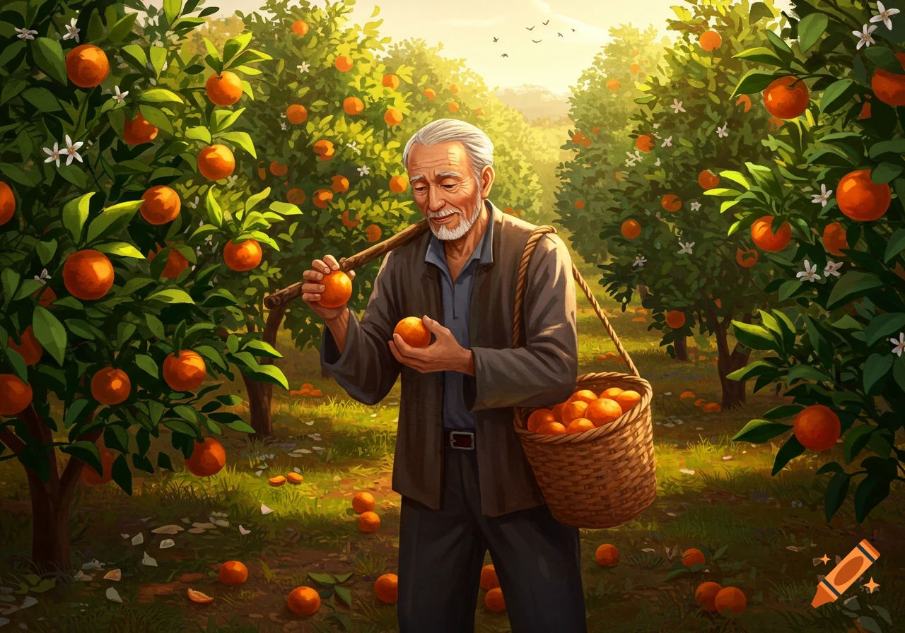 An old man harvests oranges in a sunny orchard, holding fruit and carrying a basket.