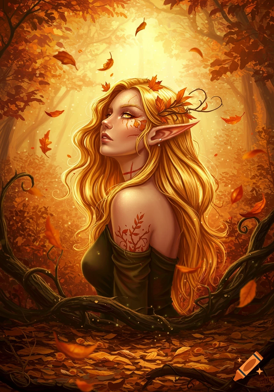 A golden-haired elf with pointed ears and leaf markings in a warm, golden autumn forest, fantasy art.
