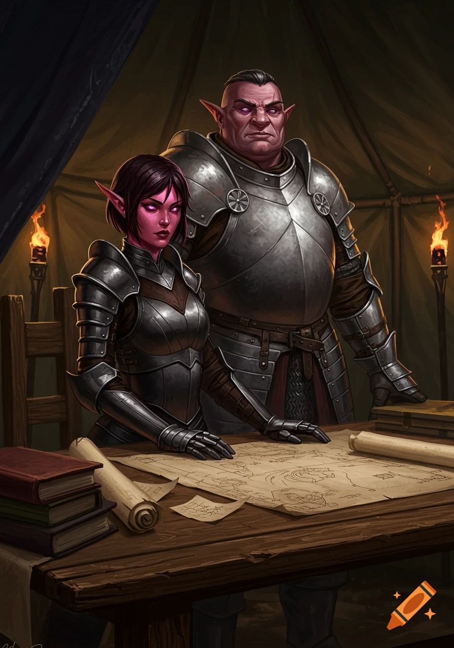 A female elf with pink skin and dark hair in armor stands next to a large male orc in plate armor, both looking at war plans on a table in a tent.