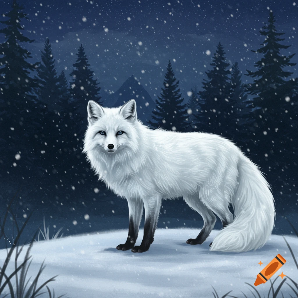 A striking white fox with blue eyes stands in a snowy forest at night, with dark pine trees and falling snow.