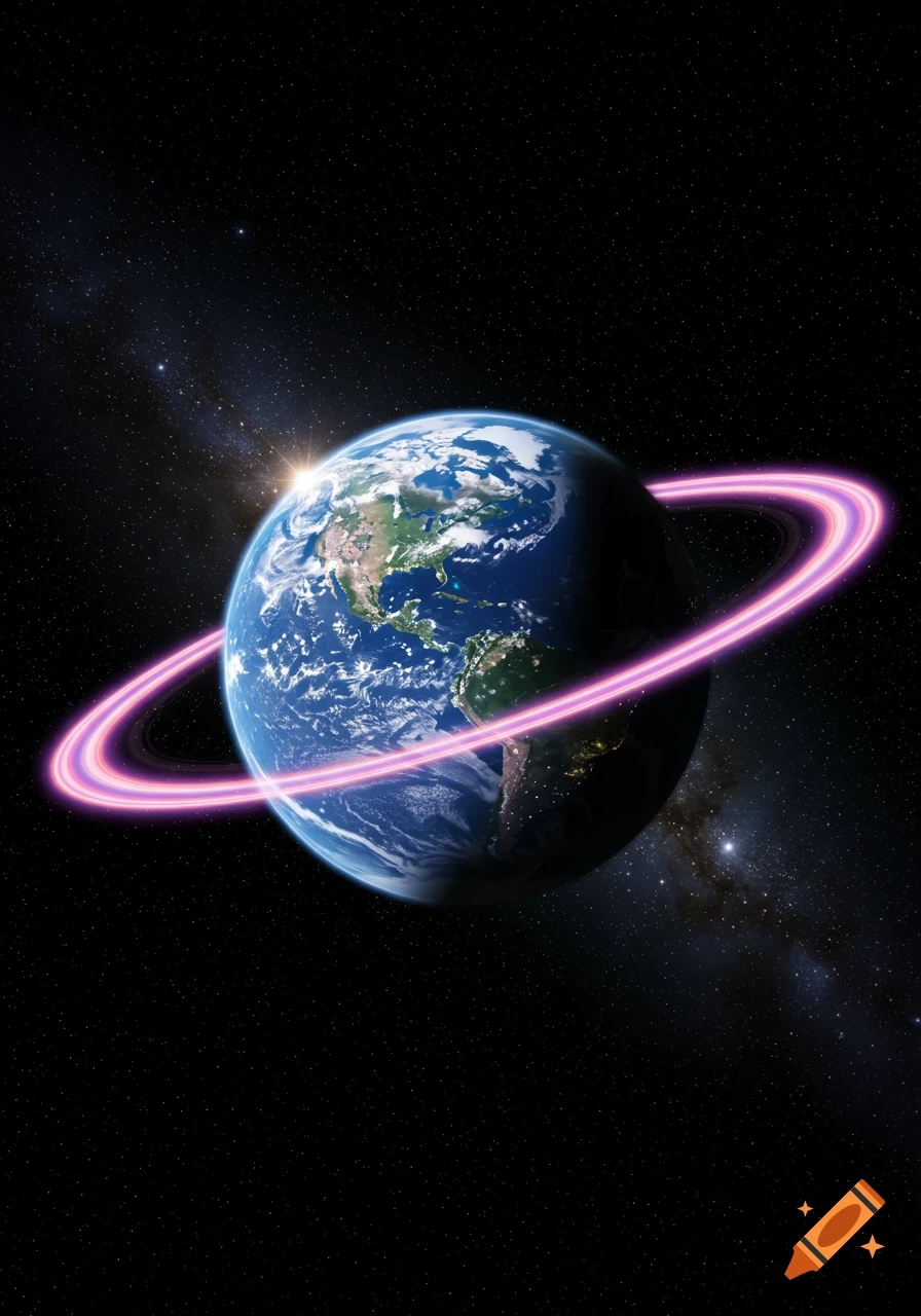 Photorealistic Earth with a glowing pink ring in outer space, with a sunflare and stars.