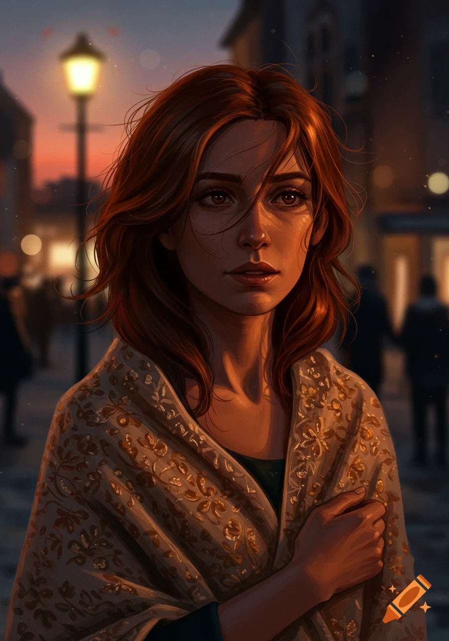 Digital painting of a woman with auburn hair and a patterned shawl standing on an urban street at dusk, illuminated by a streetlamp.