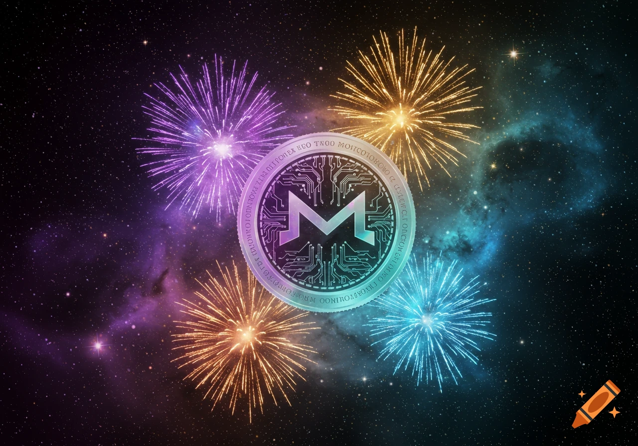 A glowing silver Monad-like crypto coin emblem against a starry galaxy background, surrounded by colorful fireworks.