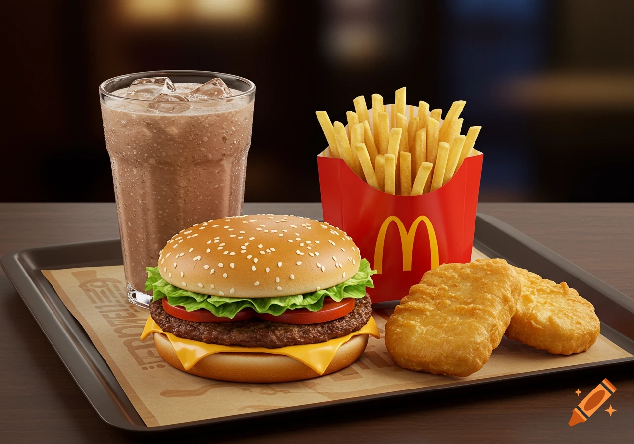 A photorealistic McDonald's meal featuring a cheeseburger, french fries, chocolate shake, and chicken nuggets on a tray.
