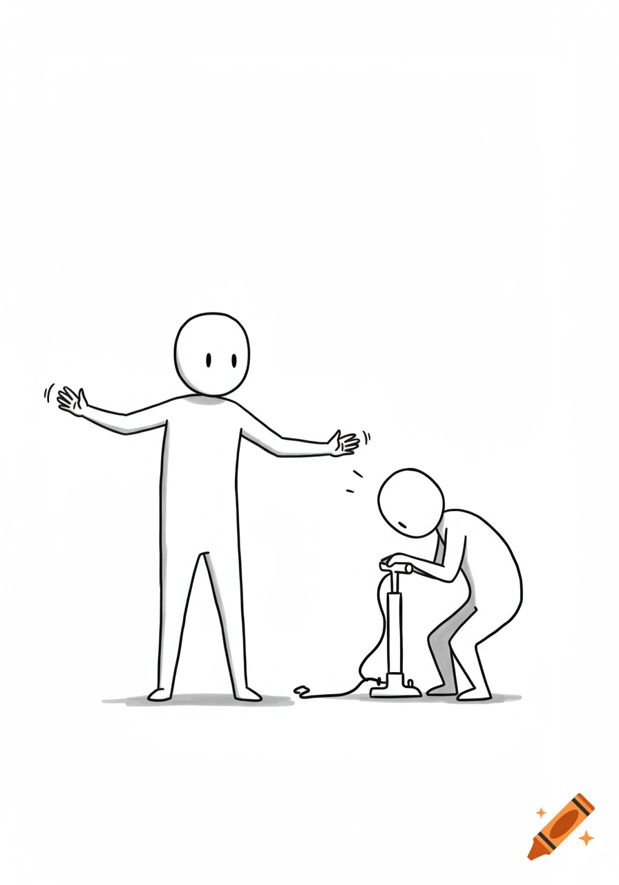 A simple black and white line drawing of one stick figure inflating another with a bike pump.