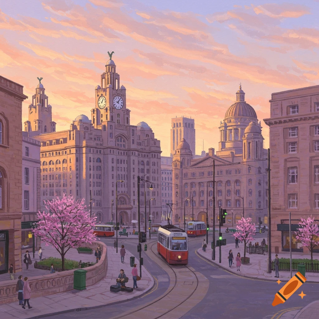 Pastel painting of Liverpool city center at sunset, with grand buildings, trams, people, and cherry blossom trees.