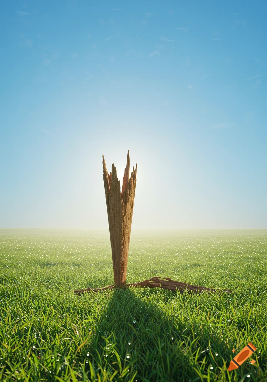 A broken wooden post stands upright in a dewy green field under a clear blue sky, with bright light behind it.