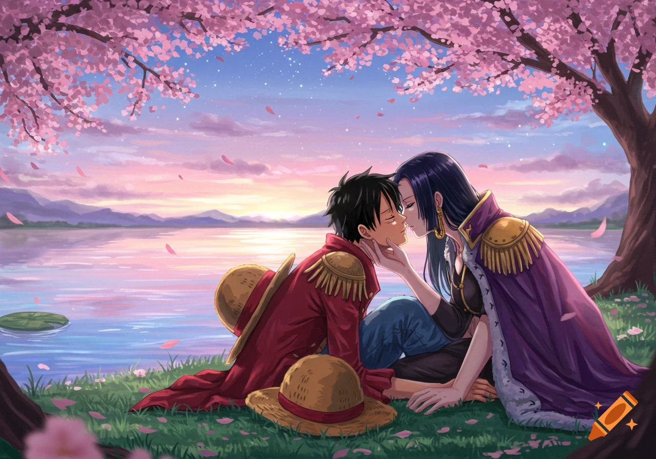 Anime characters Luffy and Hancock about to kiss under cherry blossom trees by a lake at sunset.