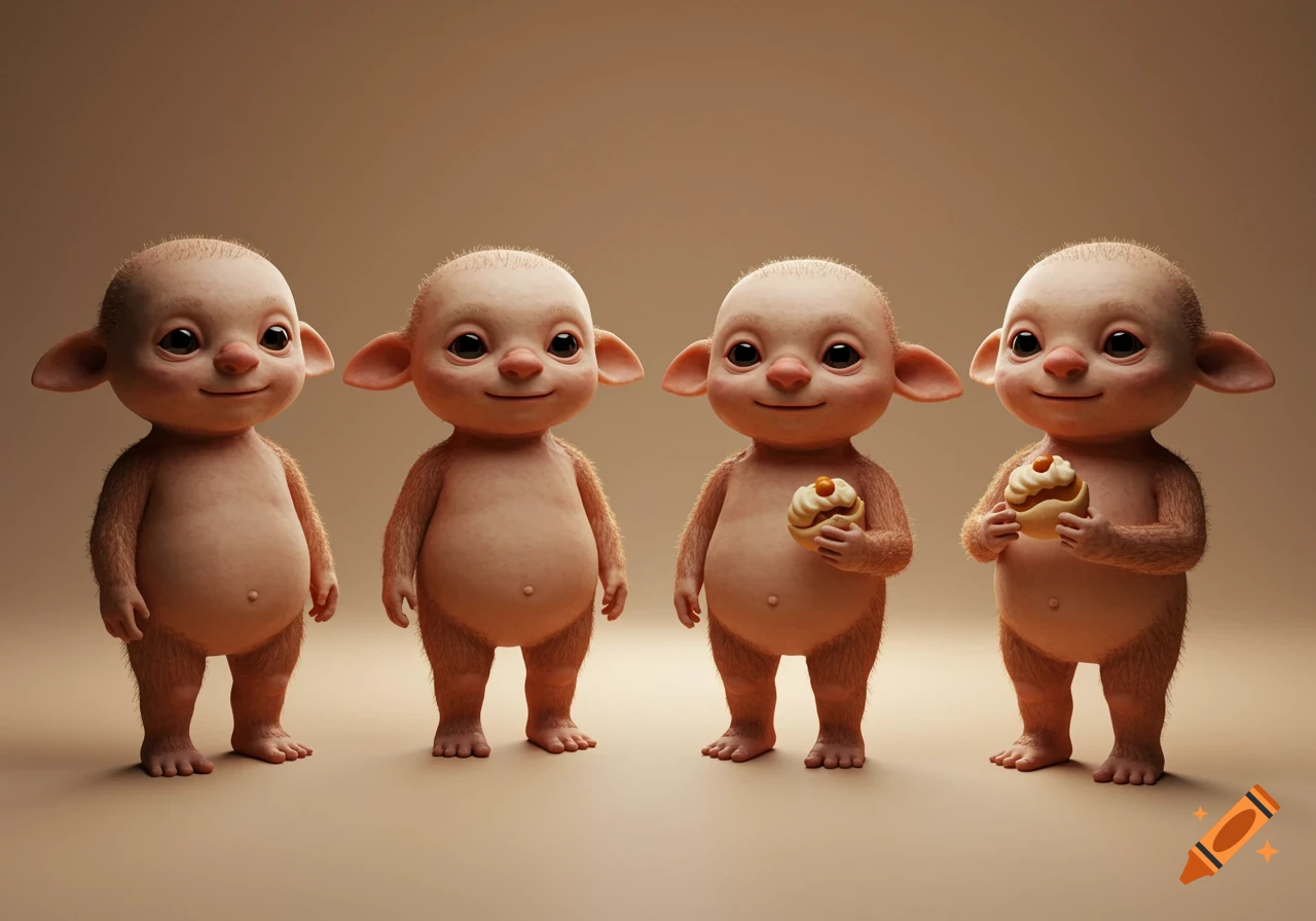 Four bald, brown, clay-style goblin creatures with large ears and noses, two holding pastries, on a simple background.
