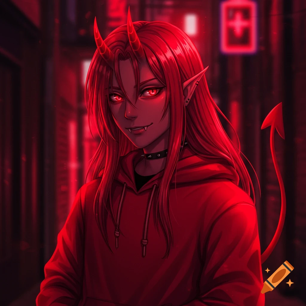 Anime demon character with red hair, horns, fangs, and tail, wearing a red hoodie in a dark, red-lit street.
