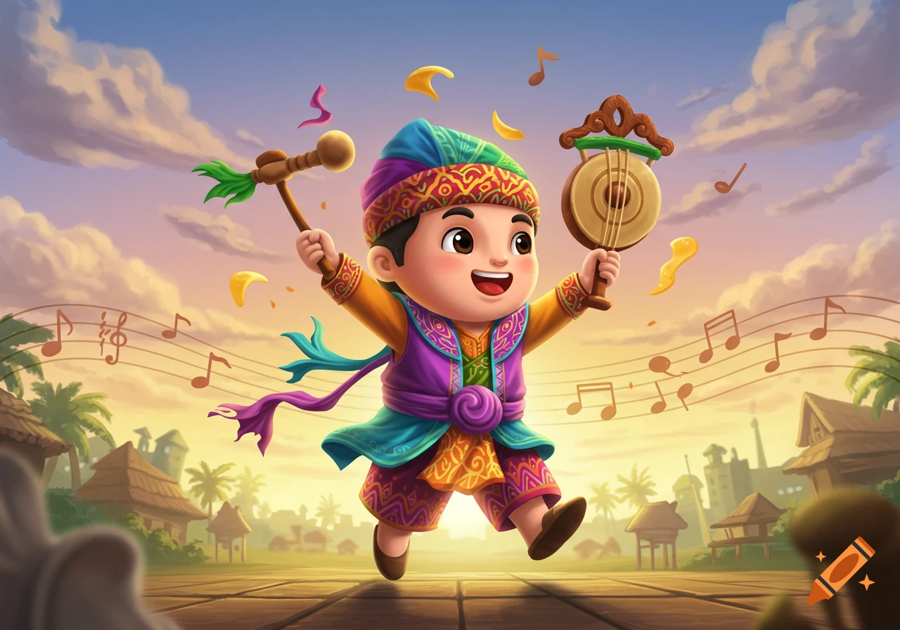 Happy cartoon child in colorful traditional clothes, playing a drum and mallet under a vibrant sky with musical notes.