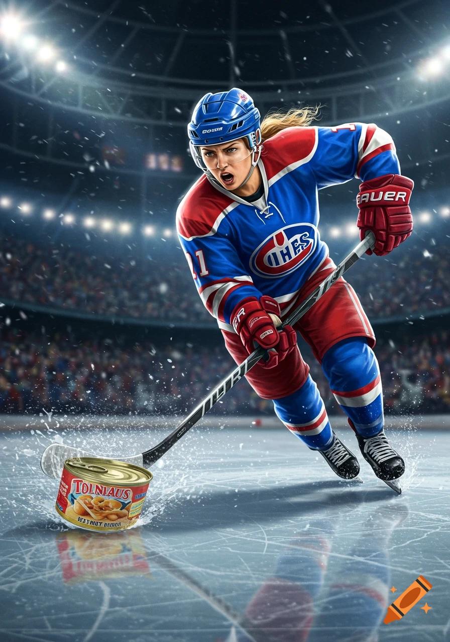 A determined female hockey player in a blue and red jersey skates on an ice rink, hitting a can of beans with her stick in a brightly lit arena.