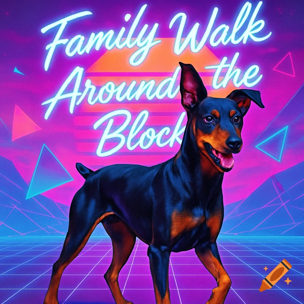 A Doberman Pinscher stands on a neon grid with a pink and purple vaporwave background and text 'Family Walk Around the Block'.