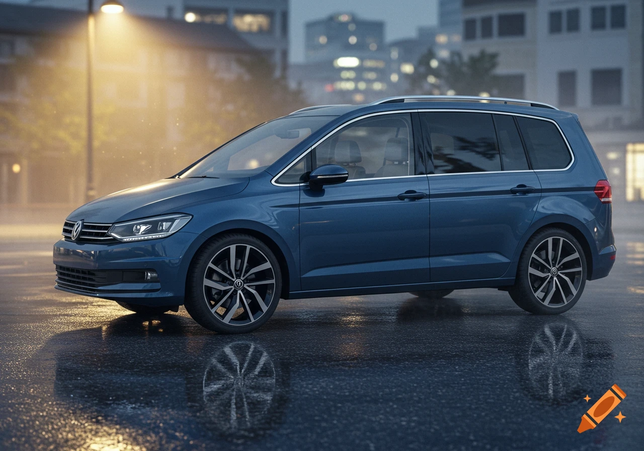 A blue Volkswagen Touran minivan parked on a wet street at night under a glowing streetlamp, with city lights in the blurred background. Photorealistic style.