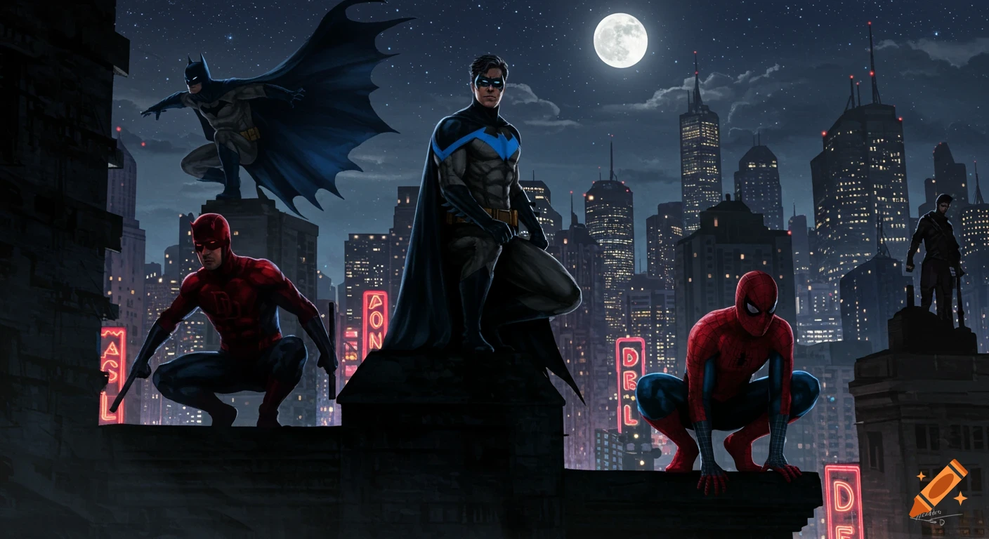 Batman, Nightwing, Daredevil, and Spider-Man stand on a Gotham City rooftop at night with a full moon and city lights.