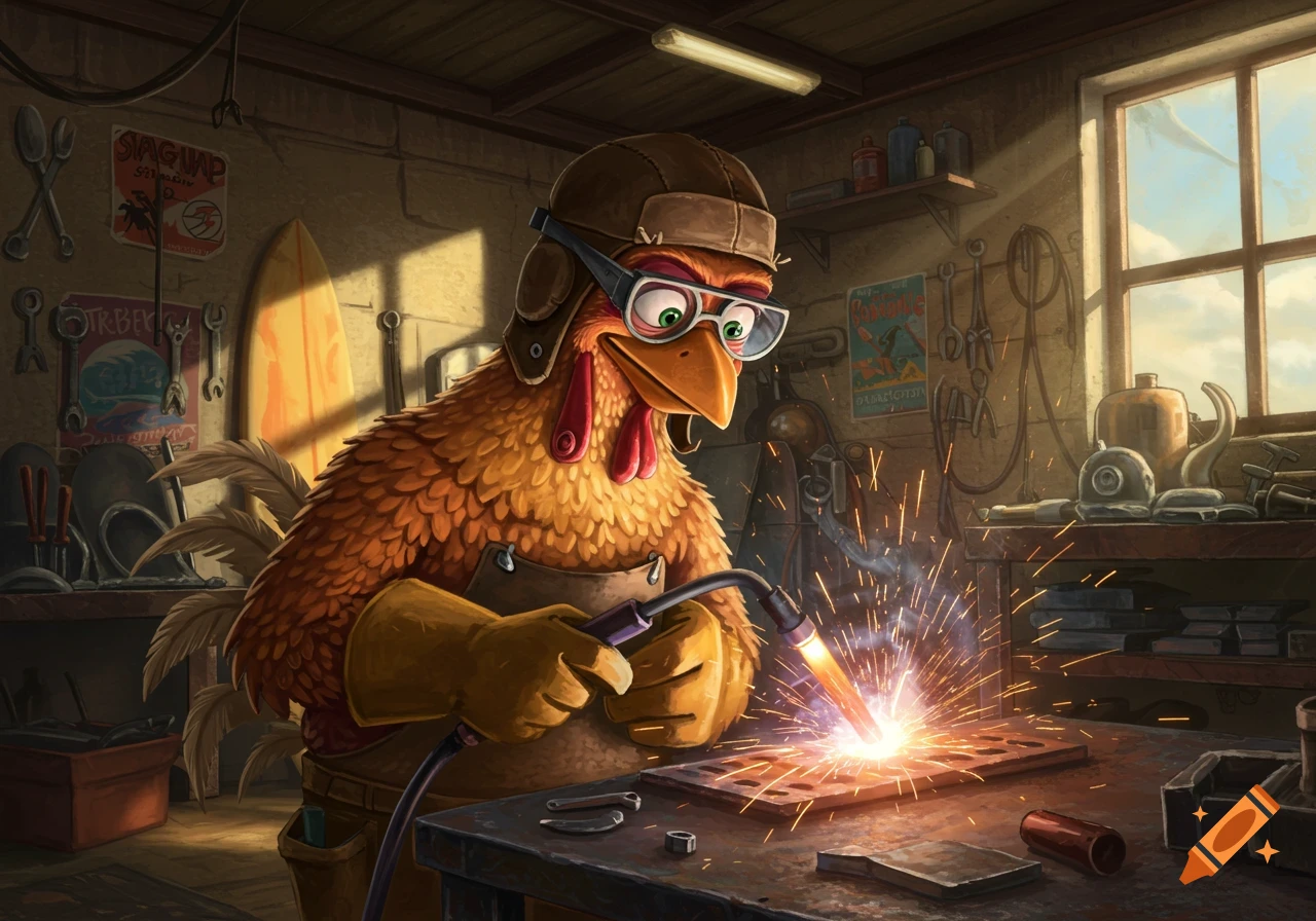 A cartoon chicken wearing goggles and a helmet welds metal in a workshop, with sparks flying.