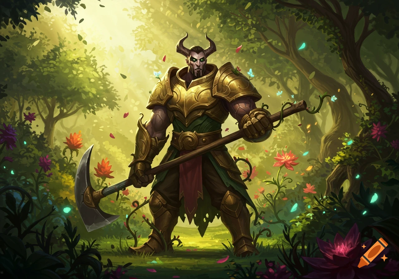 A horned man in ornate golden armor holds a scythe in a lush, sunlit fantasy forest filled with colorful flowers.