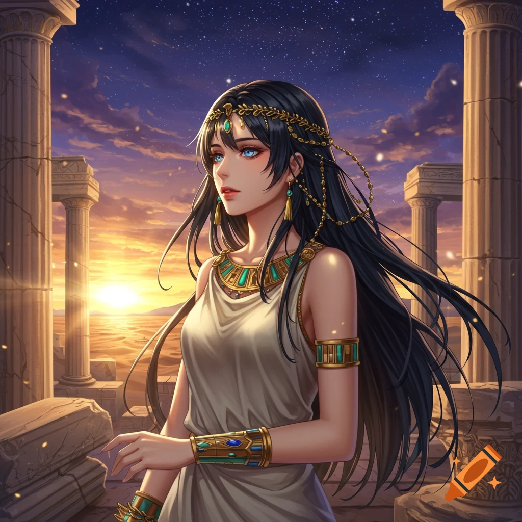 An anime woman with long dark hair, wearing an ancient white dress and gold-teal jewelry, stands among desert ruins at sunset.