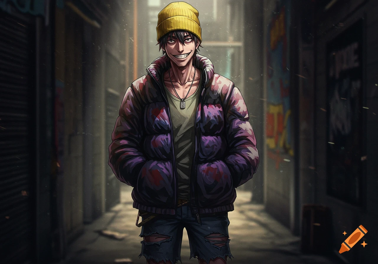 An anime man with a yellow beanie, purple puffy jacket, ripped shorts, and a wide grin stands in a dark, graffiti-filled alley.