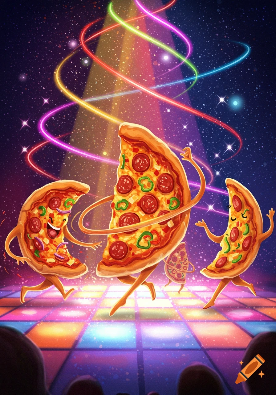 Vibrant cartoon image of happy anthropomorphic pizza slices dancing on a colorful disco floor under a starry sky with neon lights.