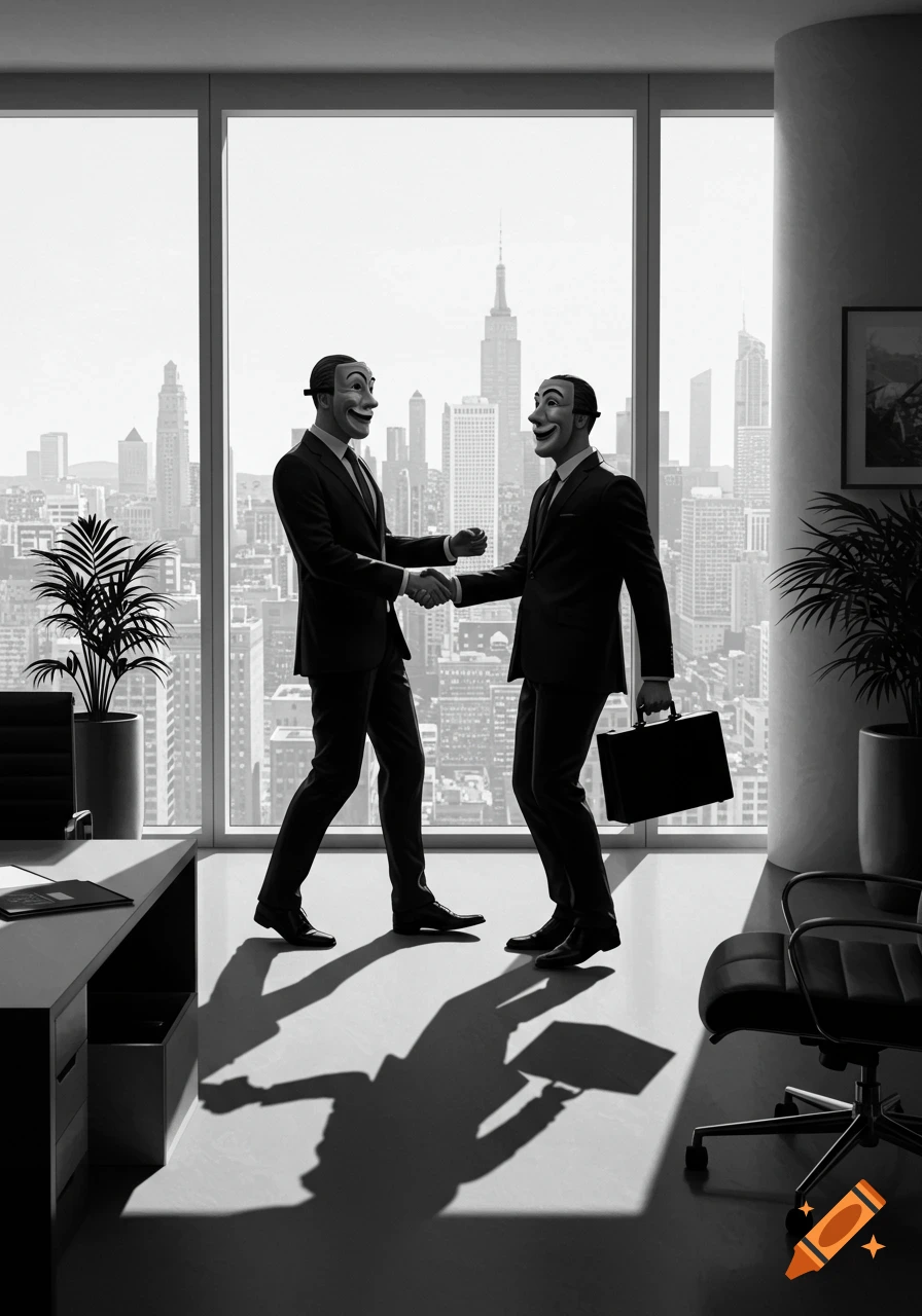 Black and white image of two masked executives in suits shaking hands in an office, with a city skyline visible through large windows.