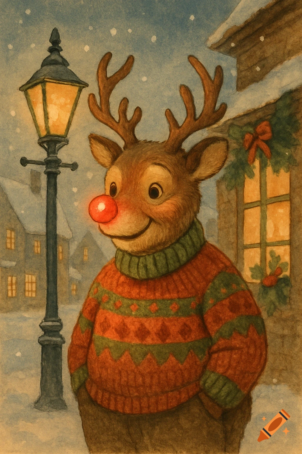 Watercolor illustration of Rudolph the Red-Nosed Reindeer smiling on a snowy street with a lamppost and decorated house.