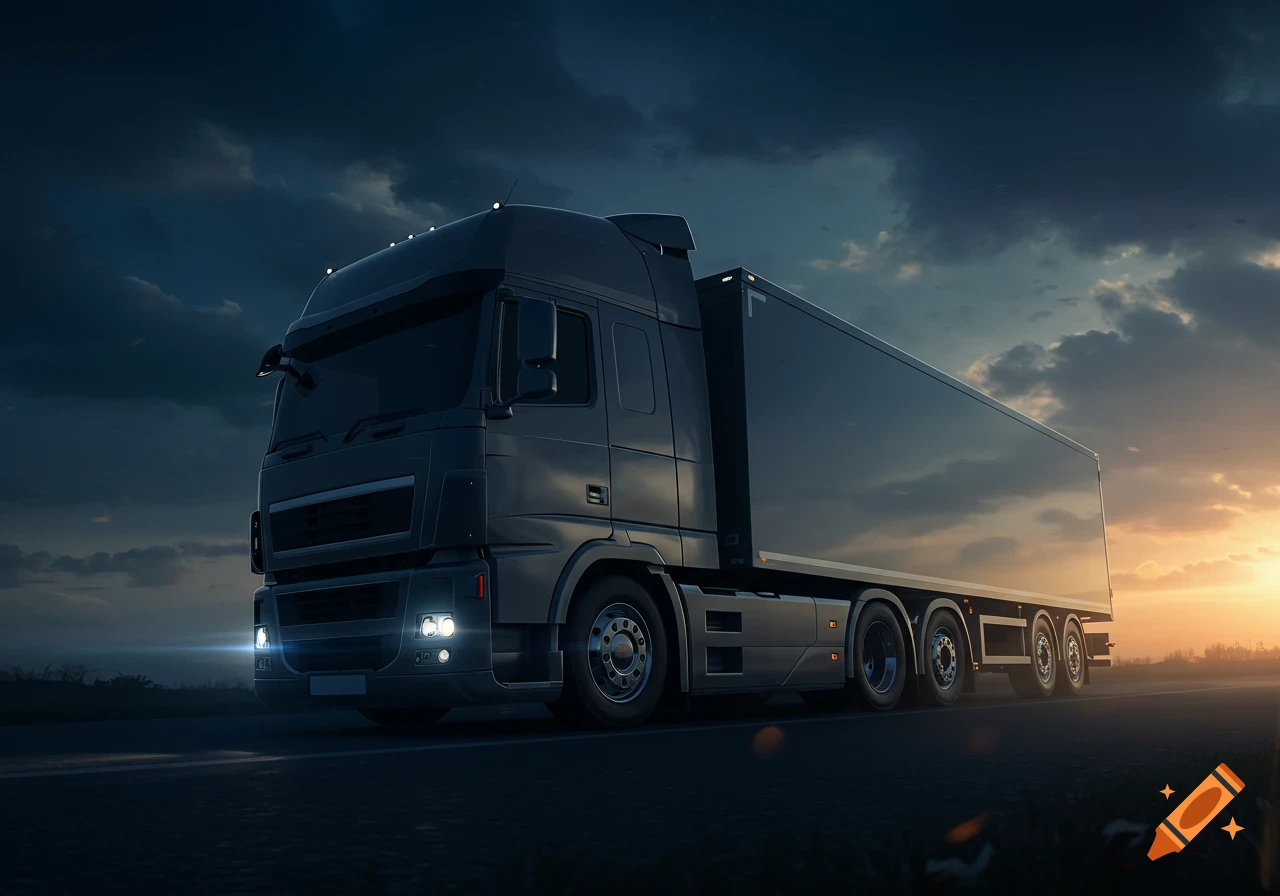 A dark grey semi-truck with a trailer drives on a road at dusk, with a cloudy sky and sunset glow on the horizon.