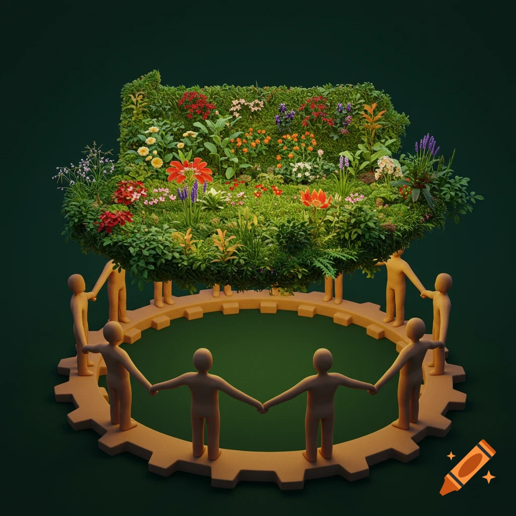 Stylized human figures on a gear holding hands, supporting a lush, floating garden shaped like Pennsylvania. 3D render.