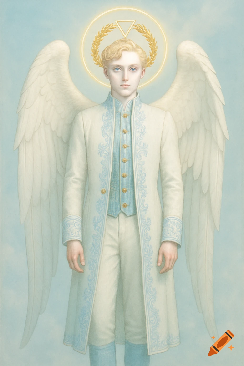A blonde male angel with blue eyes, wearing a white and blue embroidered military coat and a golden laurel wreath halo, stands against a light blue background.