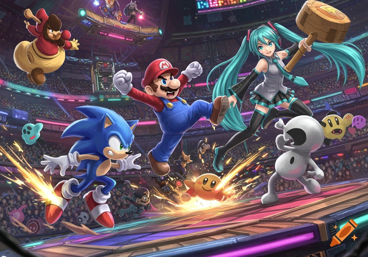 Mario, Sonic, Hatsune Miku, and Mr. Game & Watch fight in a vibrant stadium arena with sparks, in a detailed video game art style.