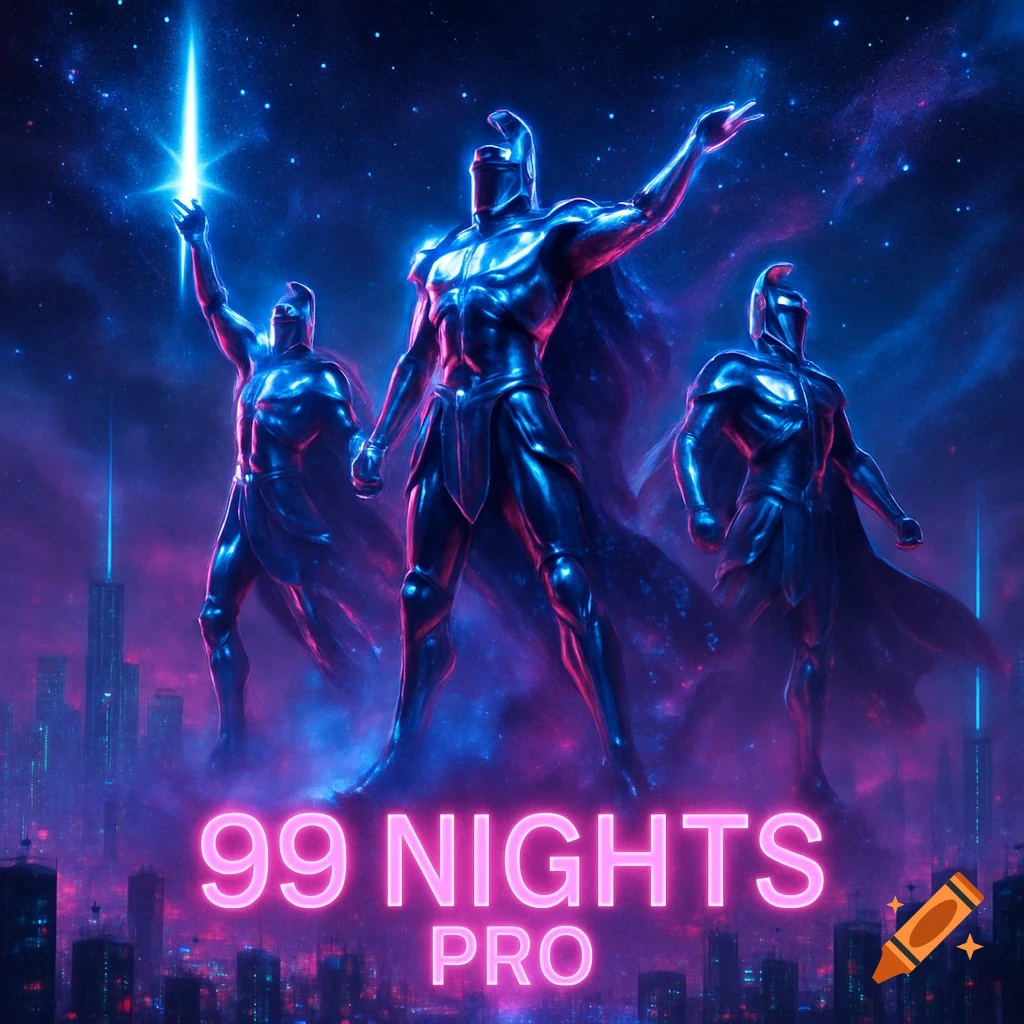 Three armored, metallic figures stand heroically over a futuristic city skyline with a starry, cosmic background. Pink neon text reads "99 NIGHTS PRO".