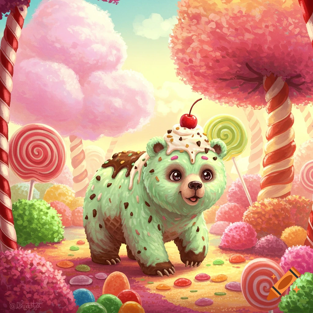 A cute mint ice cream bear with chocolate and a cherry on its head walks through a vibrant, whimsical candy forest with lollipops and sweet trees.