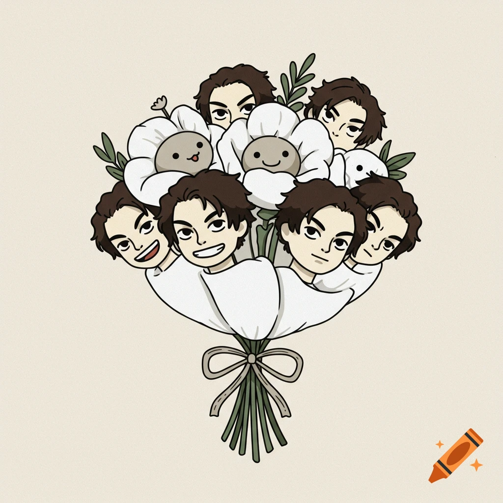 Android custom emoji-style illustration of a bouquet featuring multiple male faces with brown hair and white petals, tied with a green ribbon.