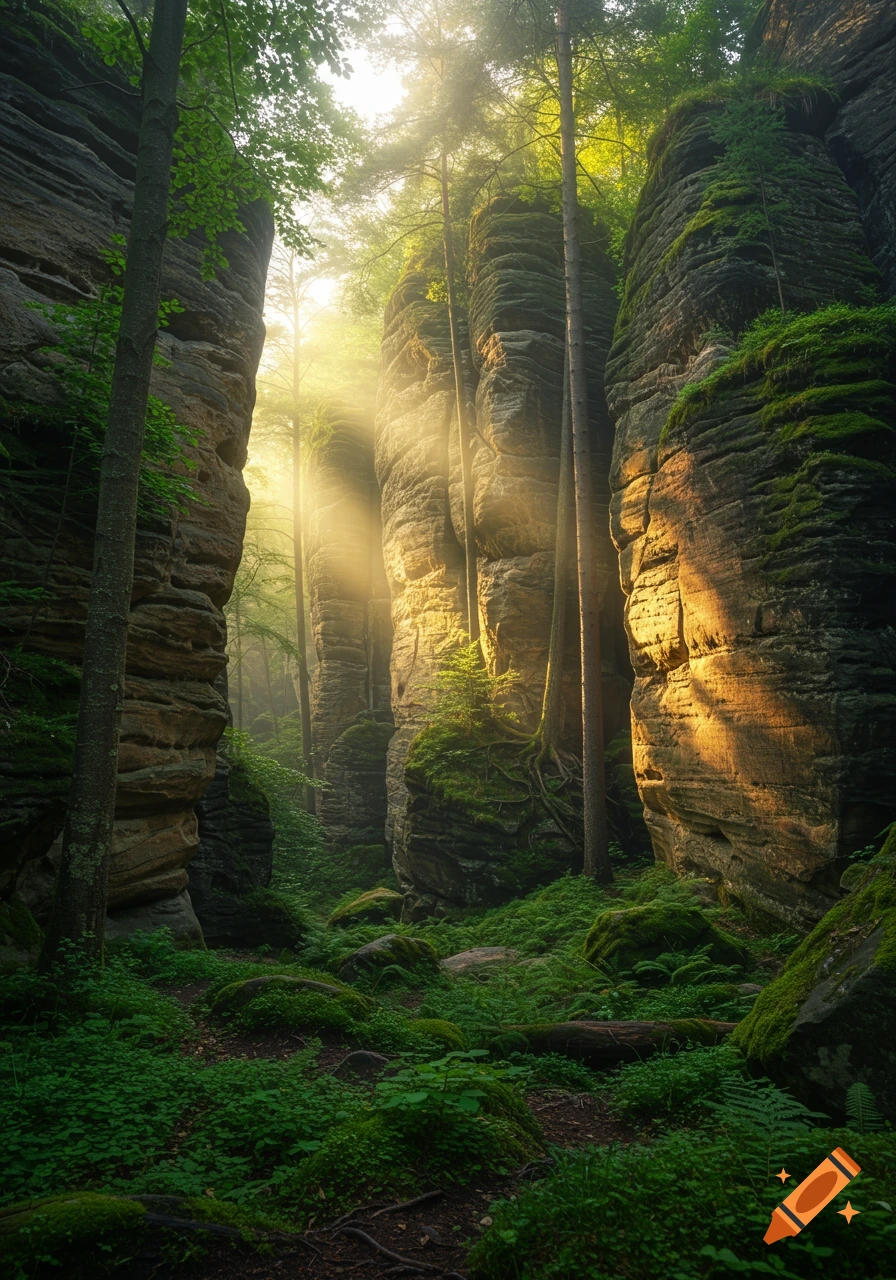 Sunbeams illuminate moss-covered rock cliffs and lush green forest foliage, creating a serene natural landscape.