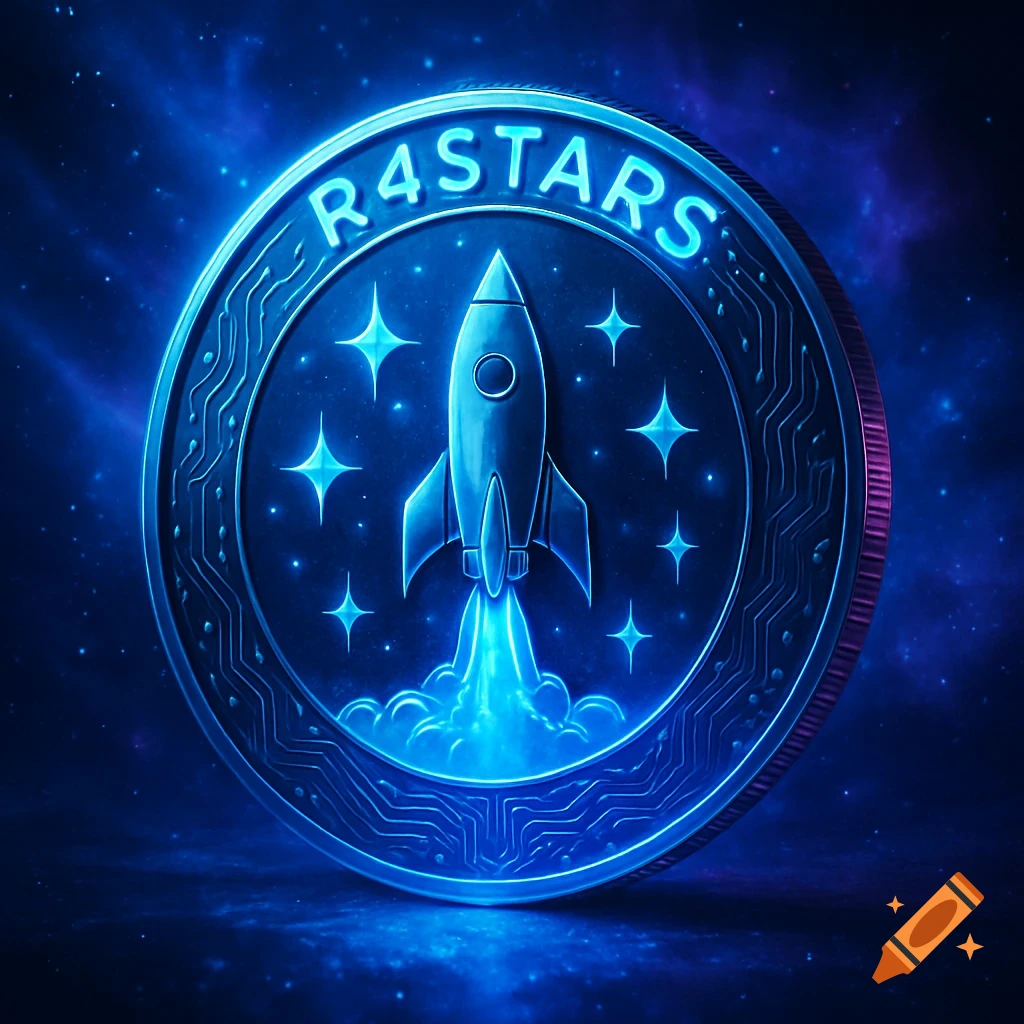 A blue glowing crypto coin featuring a rocket launching into a starry cosmic background with text "R4STARS" on its rim.