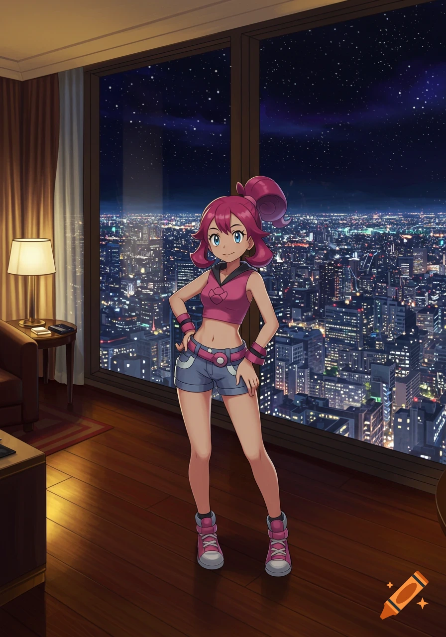 Anime character Liko in a crop top and shorts, standing in a hotel room with a panoramic view of a night city skyline.