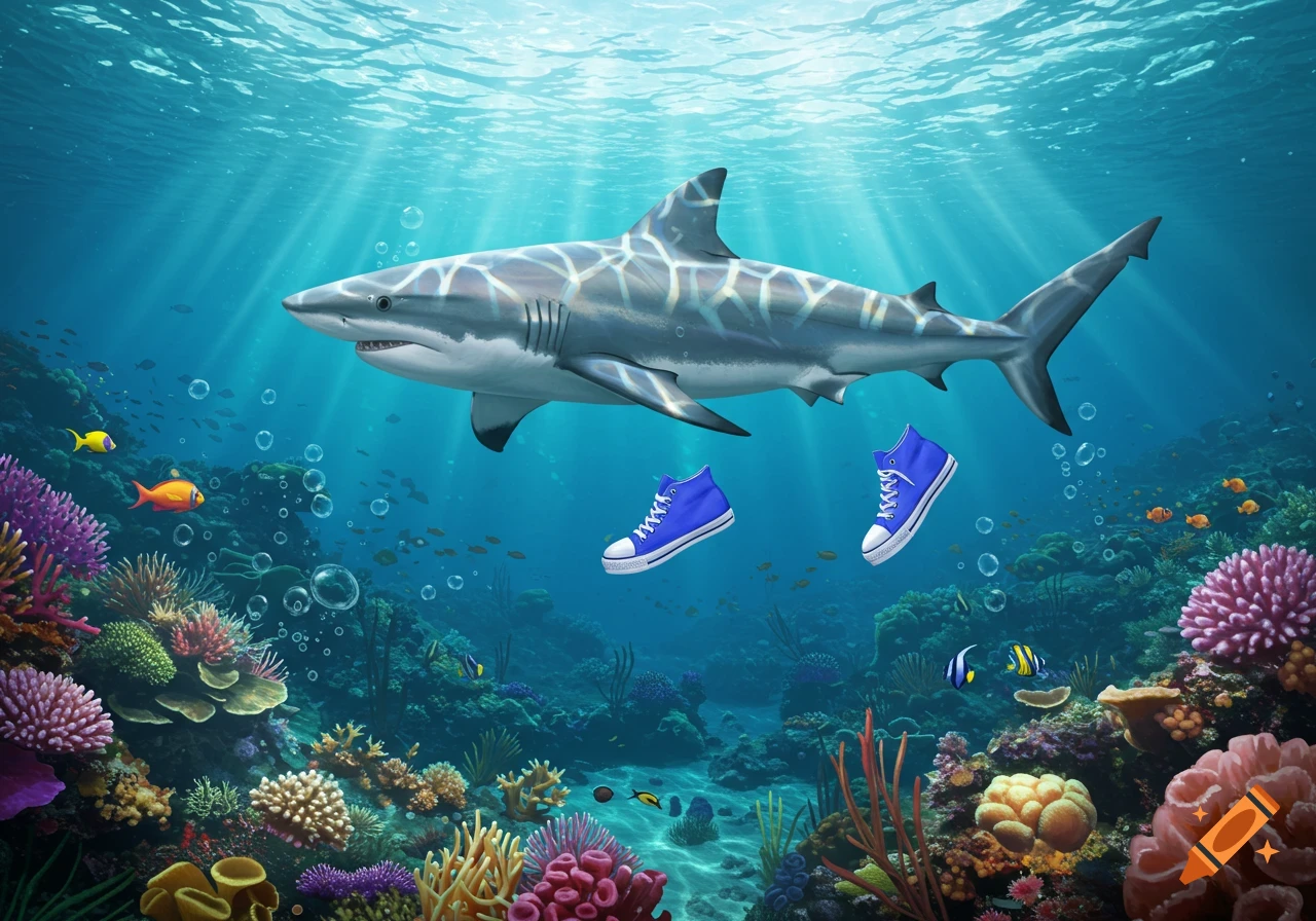 A shark swims through a vibrant coral reef with two blue high-top sneakers floating nearby, sunlight streaming from above.