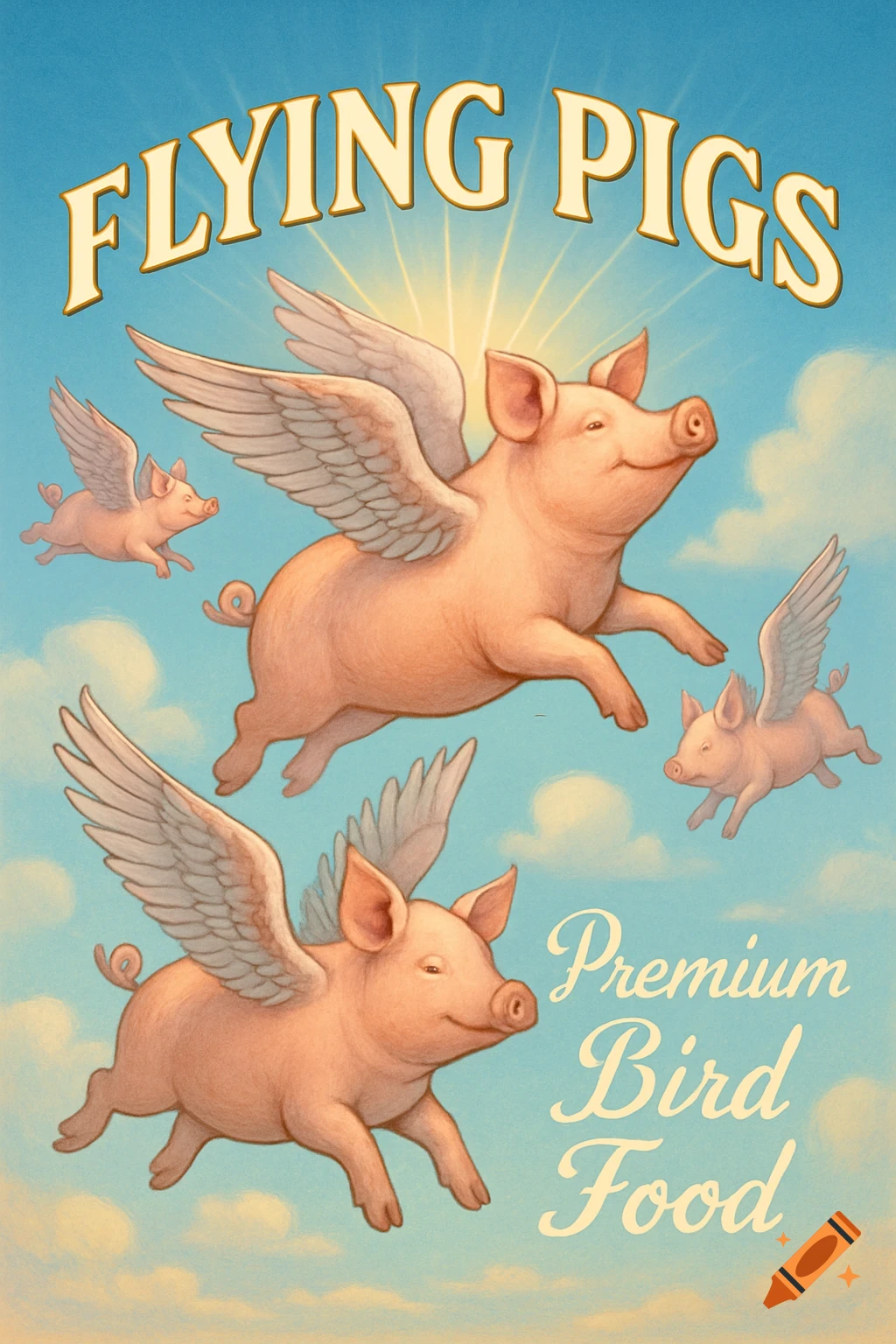 Whimsical illustration of several winged pigs flying in a blue sky, with text 'Flying Pigs Premium Bird Food' as if on a label.