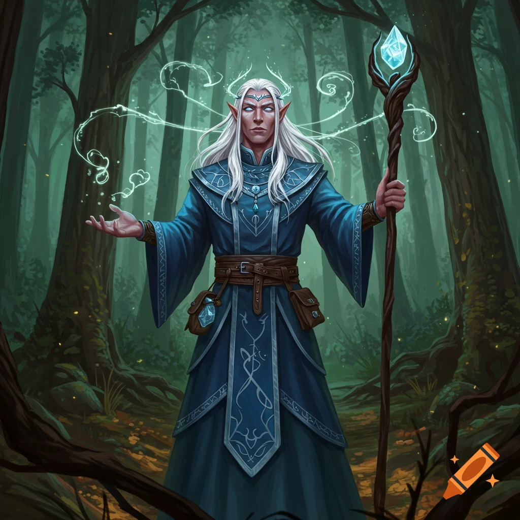 A white-haired male elf sorcerer in a blue robe holds a glowing staff and casts a spell in a dark, mystical forest.