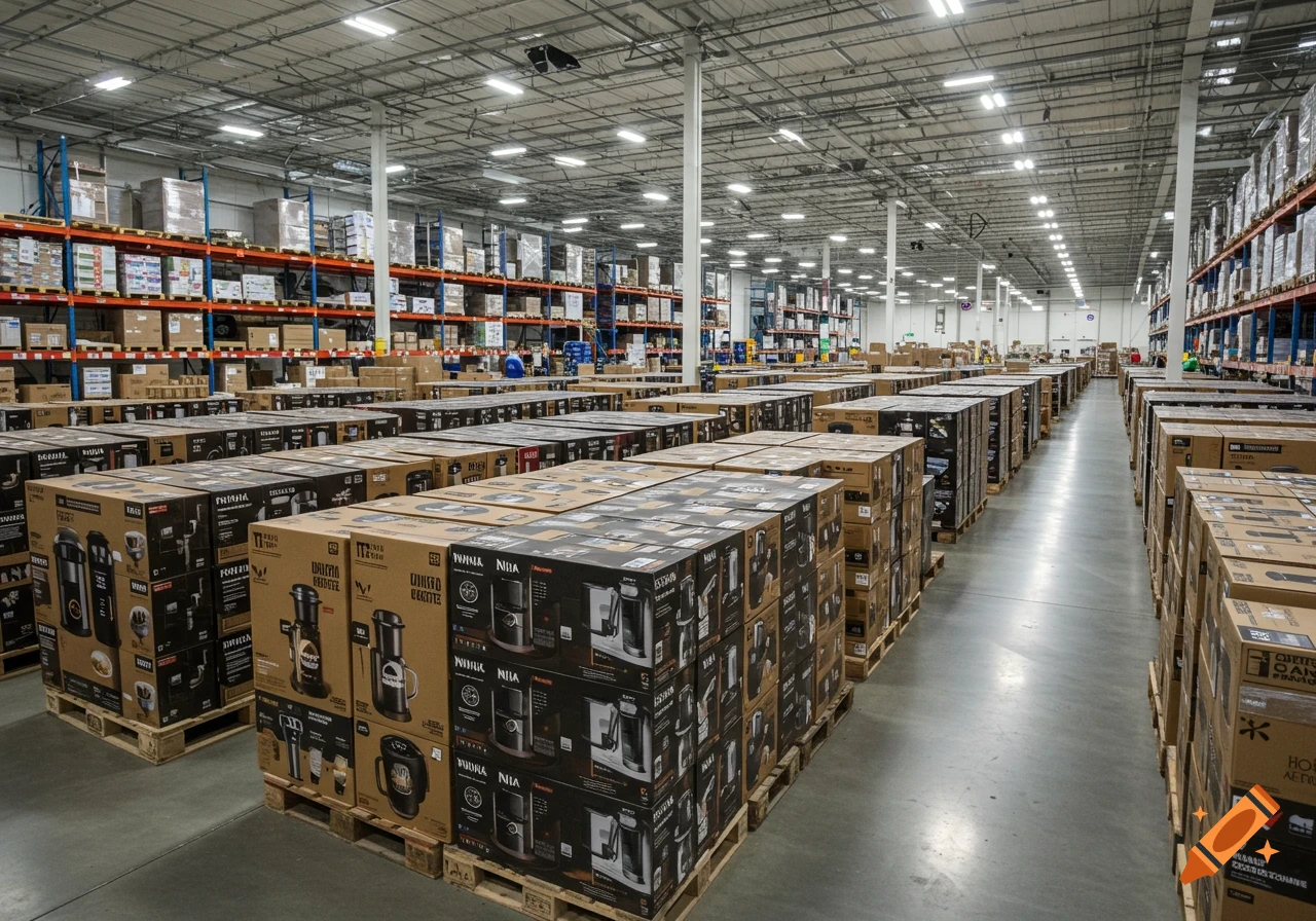 A vast warehouse filled with rows of boxes, many showing Ninja brand coffee machines, stacked on wooden pallets.
