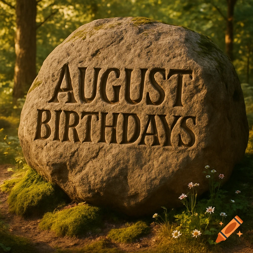A large moss-covered rock with 'AUGUST BIRTHDAYS' carved into it, nestled in a sunlit forest clearing.
