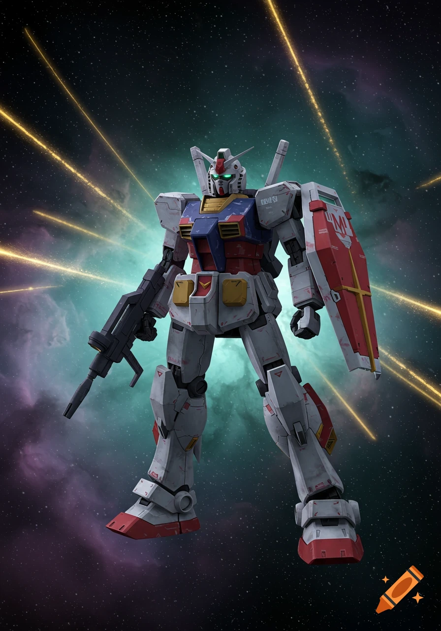 A white, blue, and red Gundam mecha holding a rifle and shield in space with glowing yellow trails and nebulas.