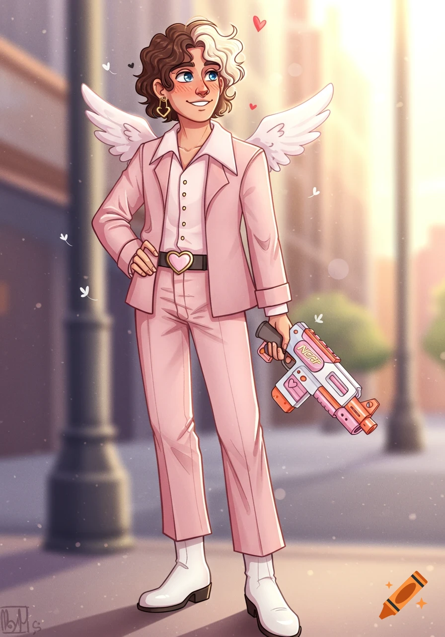 A cartoon character in a pink 70s suit with white wings and a heart belt buckle, holding a pink and white toy gun, on a city street.