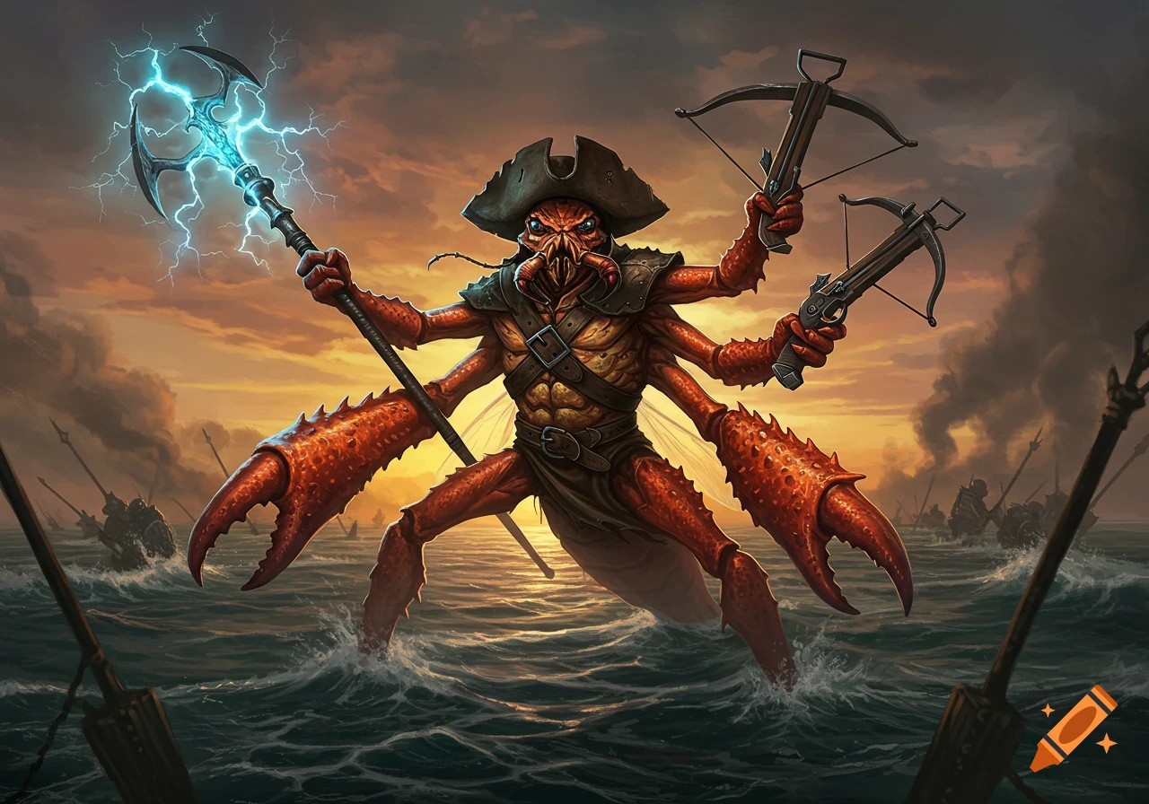 A multi-limbed, red crab-like monster with a pirate hat stands in the ocean, holding a lightning harpoon and two crossbows, with ships in the background at sunset.